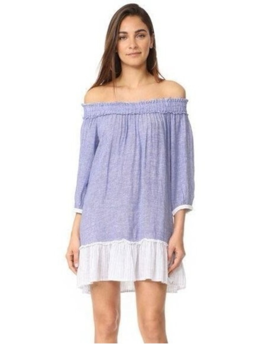 Rails Cottagecore Light Blue and White Textured Knit off shoulder dress